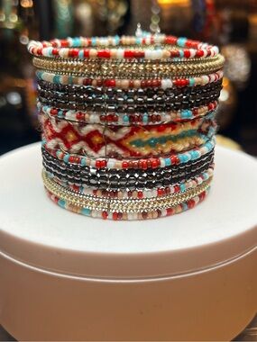 Boho Multi-Row Seed Bead Cuff Bracelet - Red, Turquoise & Gold